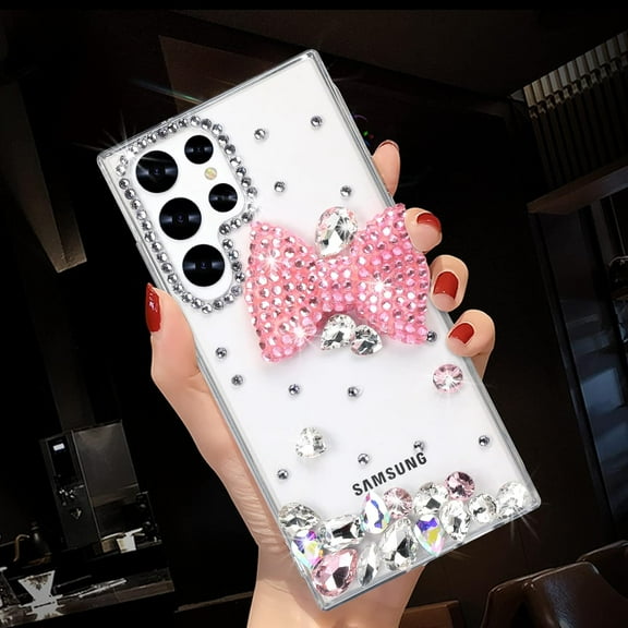 Compatible with Galaxy S23 Ultra Bling Rhinestone Case Pink Bow Sparkling Glitter Diamond Crystal Luxury Clear Unique Cute Fashion Protective Shockproof Cover for Girls Women