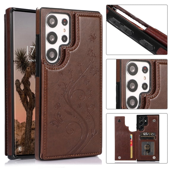 Compatible with Galaxy S23 Ultra Case Wallet with Card Holder,Embossed Butterfly Pattern PU Leather Double Magnetic Buttons Flip Shockproof Protective Cover for Samsung Galaxy S23 Ultra, Brown