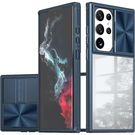 Compatible with Galaxy S23 Ultra Clear Case with Sliding Camera Lens Cover, Built-in Screen Protector Soft TPU Bumper Case Transparent Acrylic Back Heavy Duty Shockproof Durable Phone Case Blue