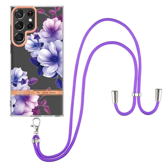 Compatible with Galaxy S23 Ultra Clear TPU Flower Pattern Case, S23 Ultra Case with Strap Crossbody Adjustable Neck Lanyard Case Phone Cover Designed for Samsung S23 Ultra 6.8 inch,Purple Flower