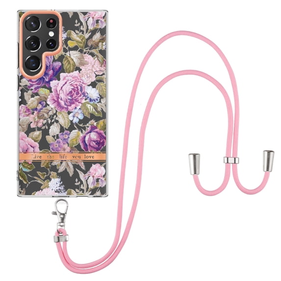 Compatible with Galaxy S23 Ultra Clear TPU Flower Pattern Case, S23 Ultra Case with Strap Crossbody Adjustable Neck Lanyard Case Phone Cover Designed for Samsung S23 Ultra 6.8 inch,Purple Peony