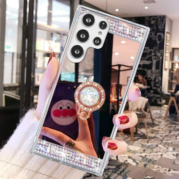 Compatible with Galaxy S23 Ultra Makeup Mirror Case Diamond Glitter Rhinestone with Ring Stand Kickstand Cute for Girls Women Cover Bling Crystal Ring Holder Finger Grip Phone Case Rose Gold