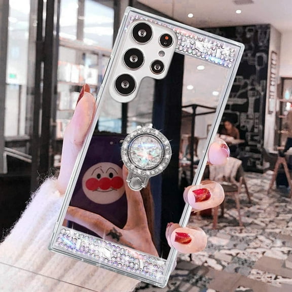 Compatible with Galaxy S23 Ultra Makeup Mirror Case Diamond Glitter Rhinestone with Ring Stand Kickstand Cute for Girls Women Cover Bling Crystal Ring Holder Finger Grip Phone Case Silver