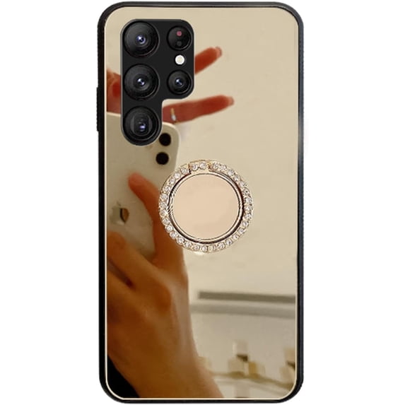 Compatible with Galaxy S23 Ultra Mirror Ring Case Makeup Diamond Bracket Cute Bling Mirror Stand Kickstand Fashion Luxury Shockproof Protective Cover for Girls Women-Gold