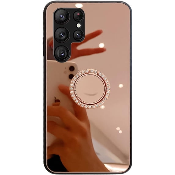 Compatible with Galaxy S23 Ultra Mirror Ring Case Makeup Diamond Bracket Cute Bling Mirror Stand Kickstand Fashion Luxury Shockproof Protective Cover for Girls Women-Rosegold