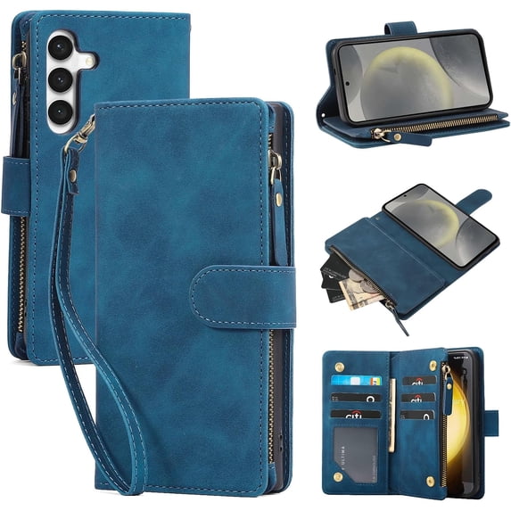 Compatible with Galaxy S24 5G Wallet Case, Premium PU Leather Zipper Folio RFID Blocking with Card Slot Wrist Strap Magnetic Closure Built-in Kickstand Protective Case (Blue)