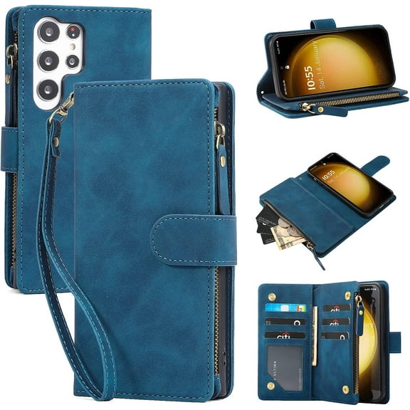 Compatible with Galaxy S24 Ultra 5G Wallet Case, Premium PU Leather Zipper Folio RFID Blocking with Card Slot Wrist Strap Magnetic Closure Built-in Kickstand Protective Case (Brown)