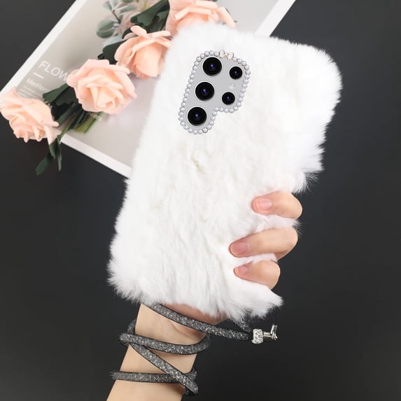 Compatible with Galaxy S24 Ultra Case Cute Plush Furry Case with Glitter Lanyard Strap Bling Diamond Camera Lens Protection Soft Fluffy Shockproof Cover for Women Girls, White