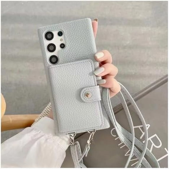 Compatible with Galaxy S24 Ultra Wallet Case, Wallet Cover with Credit Card Holder Slot Shoulder Crossbody Strap, Long Lanyard Leather Case (Grey,Samsung Galaxy S24 Ultra)