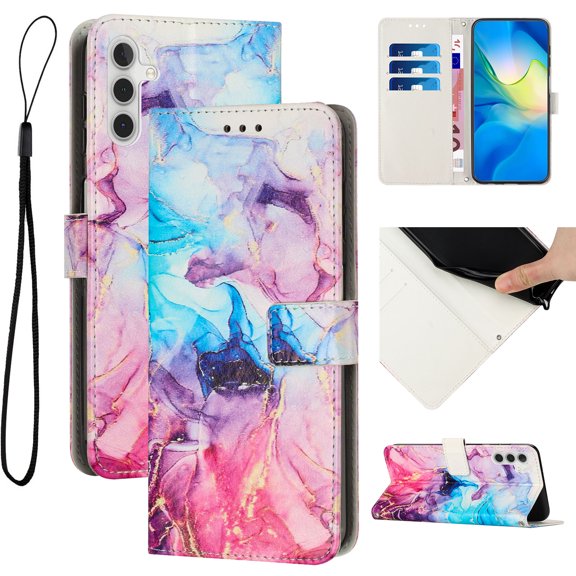 Compatible for Galaxy S24 Wallet Case, Samsung S24 Wallet Case[Stand Feature] [Wrist Strap] [Credit Cards Holder] New Marble Pattern Premium PU Leather Flip Protective Cover, Pink
