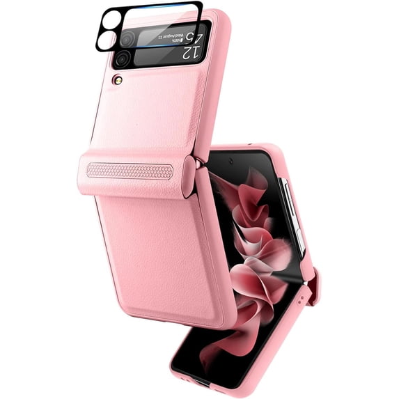 Compatible Galaxy Z Flip 3 Case with Hinge Protection,Heavy Duty Protective Slim Hard PC+PU Leather Shockproof Phone Cover for Samsung Galaxy Z Flip 3 5G Phone Case Women Girls- Pink