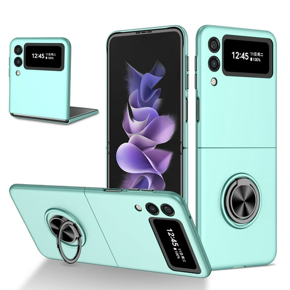 Compatible with Galaxy Z Flip 3 Case with Ring Grip Anti-Drop, Allytech Ultra Slim Matte PC All-Inclusive Protection Finger Ring Holder Car Mount Supported Stand Case for Samsung Z Flip3 2021, Skyblue