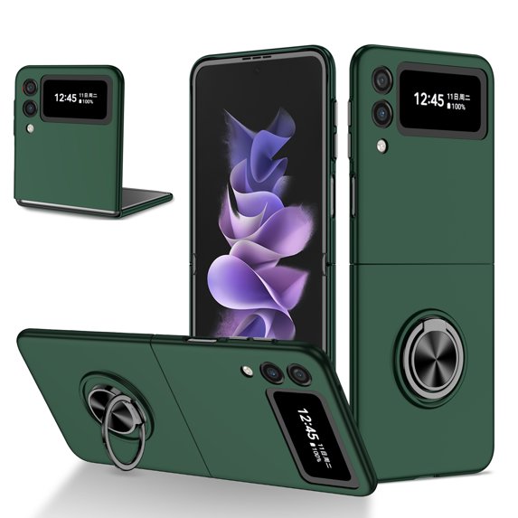 Compatible with Galaxy Z Flip 3 Case with Ring Grip Anti-Drop,Allytech Ultra Slim Matte PC All-Inclusive Protection Finger Ring Holder Car Mount Supported Stand Case for Samsung Z Flip3 2021,Darkgreen