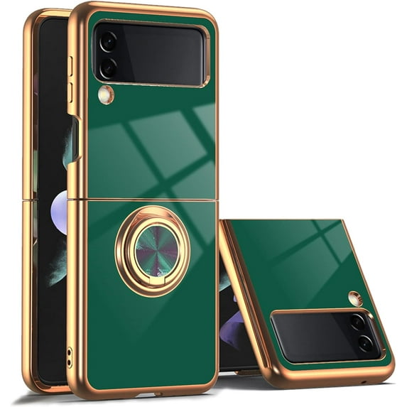 Compatible with Galaxy Z Flip 3 Kickstand Case Shiny Ring Holder Plating Rose Gold Edge 360 Degree Rotate Stand for Women Girls Slim Protective Magnetic Cover Case for Samsung Z Flip 3, Green