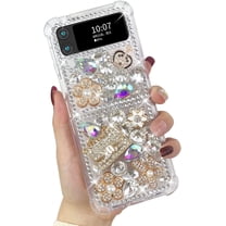 Compatible with Galaxy Z Flip 4 Case Cute Bling Glitter for Women Girls 3D Rhinestone Dimaond Crystal Girly Handmade Flower Gem Fashion Luxury Shiny Sparkle Phone Case