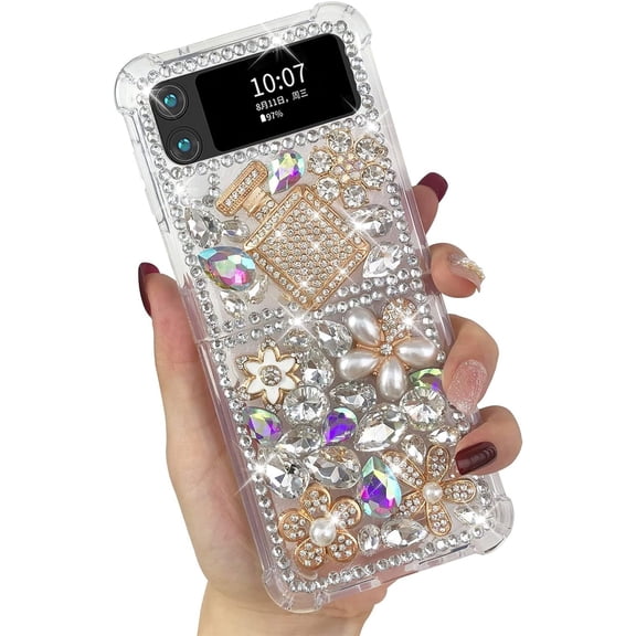 Compatible with Galaxy Z Flip 4 Case Cute Bling Glitter for Women Girls 3D Rhinestone Dimaond Girly Handmade Perfume Bottle Flower Gem Fashion Luxury Shiny Sparkle Crystal Phone Case