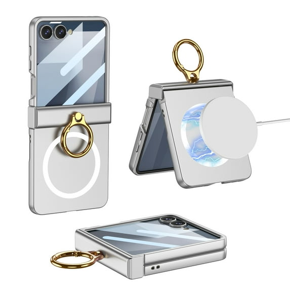 Compatible with Galaxy Z Flip 6 Case, (Built-in Front Screen Protector) with Hinge Protection & Ring Kickstand, Slim and Thin Protective PC Case Cover, Compatible with MagSafe, Silver