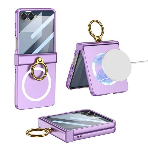Compatible with Galaxy Z Flip 6 Case, (Built-in Front Screen Protector) with Hinge Protection & Ring Kickstand, Slim and Thin Protective PC Case Cover, Compatible with MagSafe, Purple