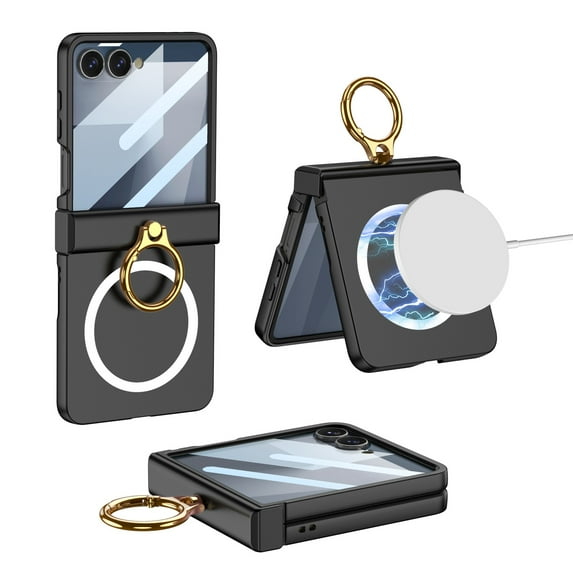 Compatible with Galaxy Z Flip 6 Case, (Built-in Front Screen Protector) with Hinge Protection & Ring Kickstand, Slim and Thin Protective PC Case Cover, Compatible with MagSafe, Black