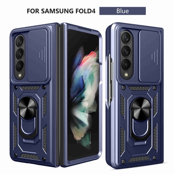 Compatible with Galaxy Z Fold 4 Case with Sliding Camera Lens Cover and Ring Kickstand Heavy Duty Military Grade Protection Phone Shockproof Back Cover for Samsung Galaxy Z Fold 4, Blue