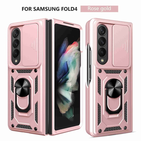 Compatible with Galaxy Z Fold 4 Case with Sliding Camera Lens Cover and Ring Kickstand Heavy Duty Military Grade Protection Phone Shockproof Back Cover for Samsung Galaxy Z Fold 4, Rosegold
