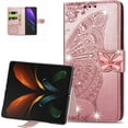 thumbnail image 1 of Compatible with Galaxy Z Fold 4 Wallet Case, [Kickstand Feature][Wrist Strap][Card Slots][3D Bling Rhinestone Emboss Butterfly] Leather Magnetic Flip Case for Samsung Galaxy Z Fold 4, Rosegold, 1 of 6