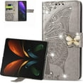 thumbnail image 1 of Compatible with Galaxy Z Fold 5 Wallet Case, [Kickstand Feature][Wrist Strap][Card Slots][3D Bling Rhinestone Emboss Butterfly] Leather Magnetic Flip Case for Samsung Galaxy Z Fold 5, Gray, 1 of 7