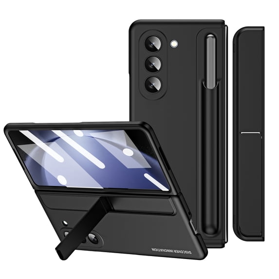 Compatible with Galaxy Z Fold 6 5G, Case Hinge Protection Hard PC Kickstand Built-in Screen Protector Tempered Glass with Removable S Pen Holder & Free Stylus for Samsung Z Fold 6, Black