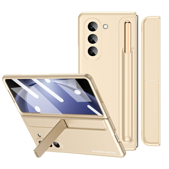 Compatible with Galaxy Z Fold 6 5G, Case Hinge Protection Hard PC Kickstand Built-in Screen Protector Tempered Glass with Removable S Pen Holder & Free Stylus for Samsung Z Fold 6, Beige