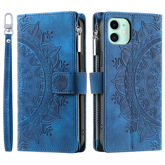 Compatible with Galaxy iPhone 11 Case Wallet for Women, Mandala Floral Embosssed PU Leather Folio Zipper Cover Magnetic Flip Book Case with Card Holder Wrist Strap,Blue