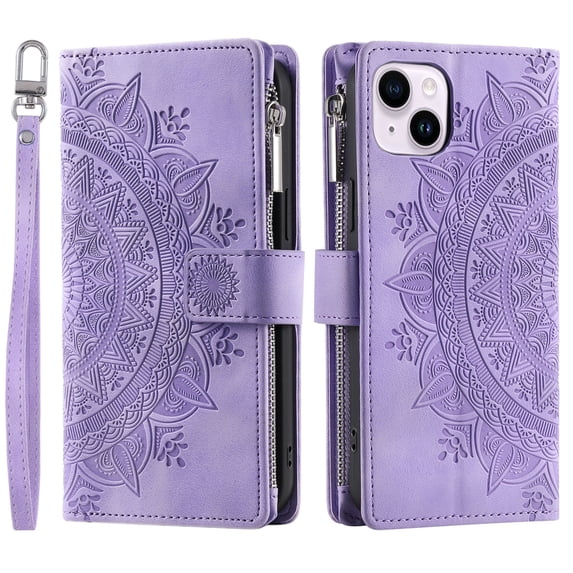 Compatible with Galaxy iPhone 13 Case Wallet for Women, Mandala Floral Embosssed PU Leather Folio Zipper Cover Magnetic Flip Book Case with Card Holder Wrist Strap,Purple