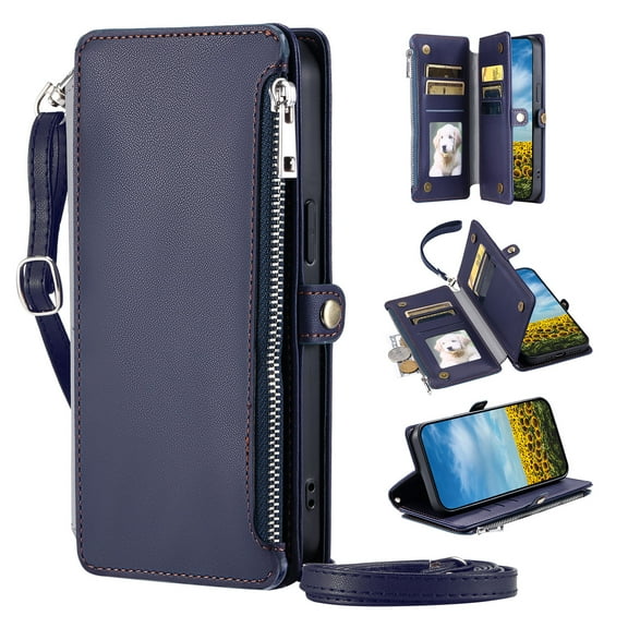 Compatible with Google Pixel 10 /10 Pro Case Wallet with Card Holder for Women Men,PU Leather Magnetic Snap Flip Zipper Wrist Strap and Crossbody Strap Stand Case for Google Pixel 10 /10 Pro,Darkblue