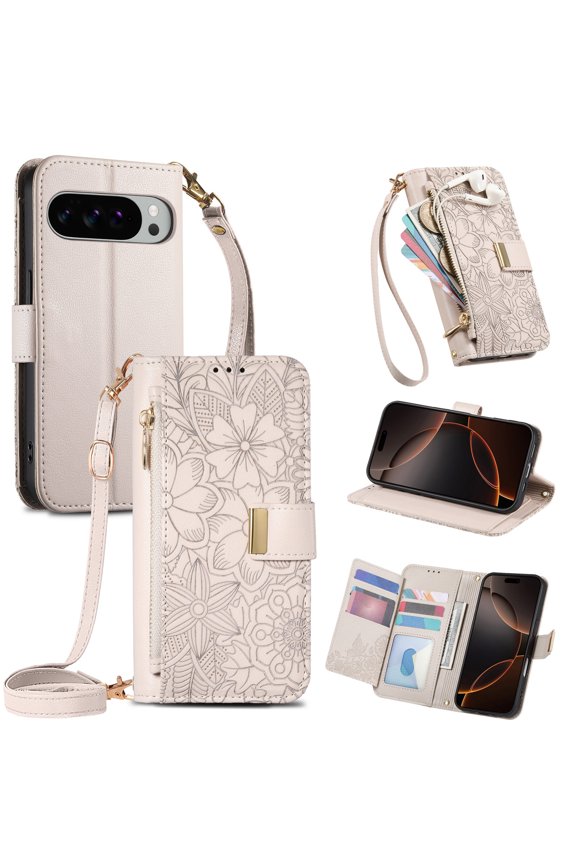 Compatible with Google Pixel 10 /10 Pro Wallet Case/Card Holder,RFID Blocking PU Leather Magnetic Clasp Case Flip Stand Cover Wrist Strap Zipper Coin Slot Embossed Flower Shockproof Case,Beige