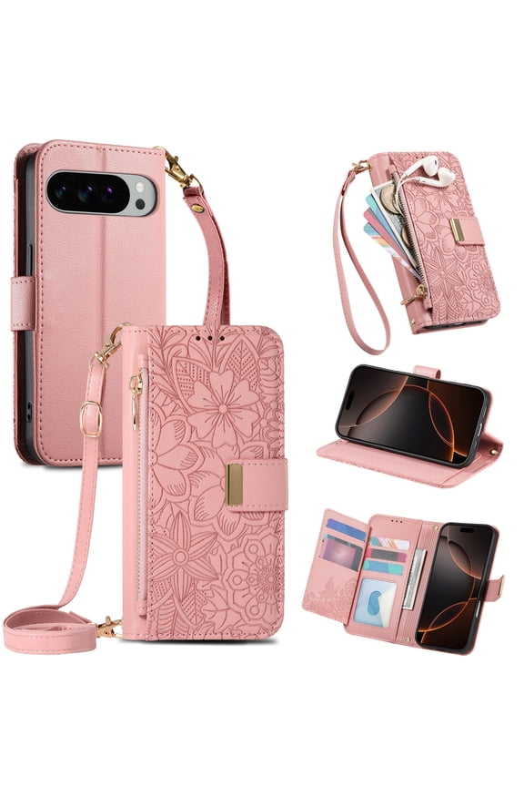 Compatible with Google Pixel 10 /10 Pro Wallet Case/Card Holder,RFID Blocking PU Leather Magnetic Clasp Case Flip Stand Cover Wrist Strap Zipper Coin Slot Embossed Flower Shockproof Case,Rosegold