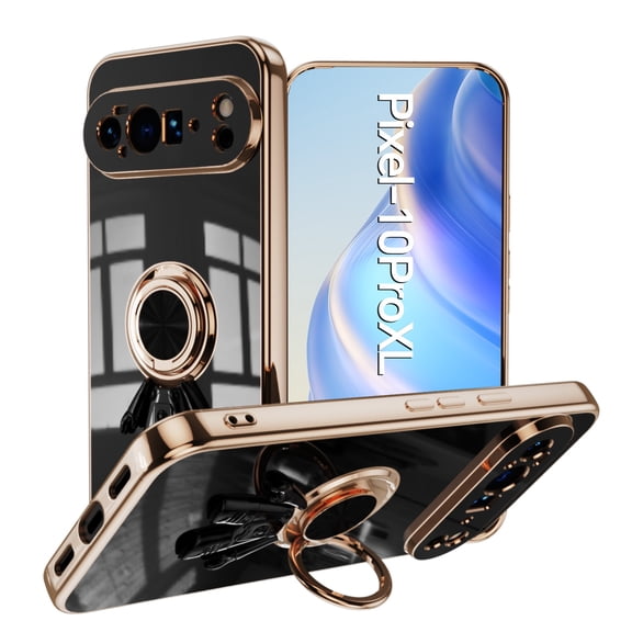 Compatible with Google Pixel 10 Pro XL Cute Case with 3D Astronaut 360 Ring Holder Hidden Kickstand Plating Camera Protection Cover Soft Silicone Bumper Phone Case for Women Men,Black