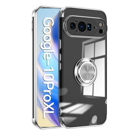 Compatible with Google Pixel 10 Pro XL, with Ring Holder Kickstand Clear Soft Silicone with Car Magnetic Shockproof TPU Cover Transparent Phone Case Slim Thin for Google Pixel 10 Pro XL, Silver