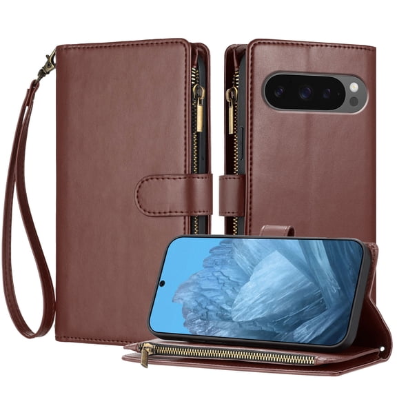 Compatible with Google Pixel 10 Pro XL Wallet Case, [9 Card Slots] [Cash Pocket] [Zipper Pocket] Removable Adjustable Crossbody Strap+Wrist Strap Magnetic PU Leather Kickstand Phone Case, Brown