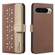 Compatible with Google Pixel 10 Pro XL Wallet Case with Card Holder,Premium PU Leather Floral Design Flip Cover with Kickstand Magnetic Closure,RFID Blocking Case for Google Pixel 10 Pro XL,Brown