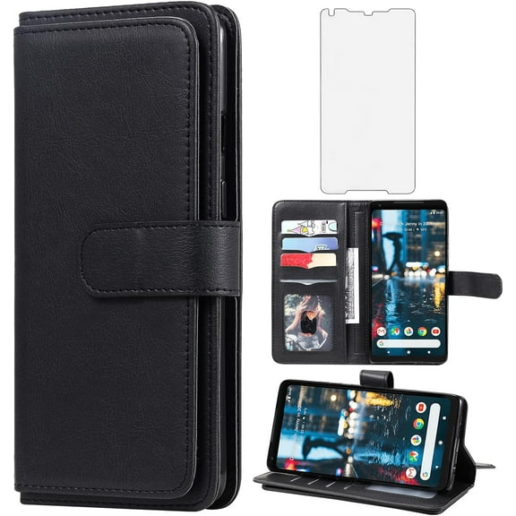 Compatible with Google Pixel 2XL Wallet Case and Tempered Glass Screen Protector Flip Cover Credit Card Holder Cell Accessories Folio Purse Phone Cases for Pixle 2 XL Pixel2XL Pixel2 LX Women Black