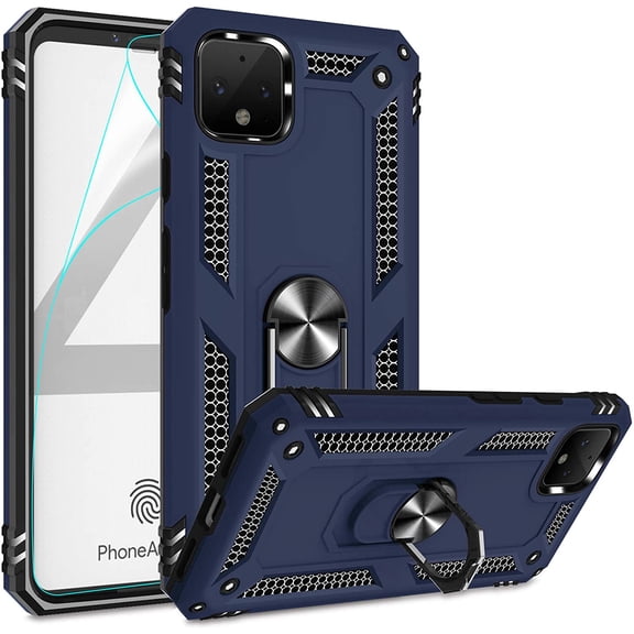 Compatible for Google Pixel 4 XL Case with HD Screen Protector, Military-Grade Shockproof Protective Phone Case with Magnetic Kickstand Ring for Google Pixel 4 XL Blue