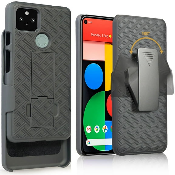 Compatible for Google Pixel 5 Case with Tempered Glass Screen Protector Belt Clip Holster Defender Rugged Shock Proof Armor Protection Phone Cover [Black]
