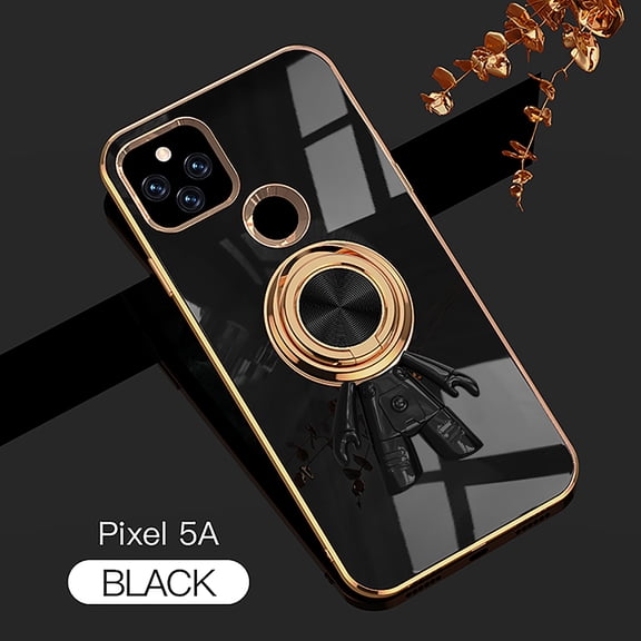 Compatible with Google Pixel 5A 5G Cute Case with 3D Astronaut 360 Ring Holder Hidden Kickstand Plating Camera Protection Cover Soft Silicone Bumper Phone Case for Women Men,Black