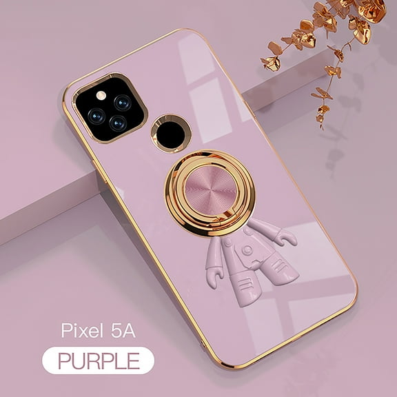 Compatible with Google Pixel 5A 5G Cute Case with 3D Astronaut 360 Ring Holder Hidden Kickstand Plating Camera Protection Cover Soft Silicone Bumper Phone Case for Women Men,Purple