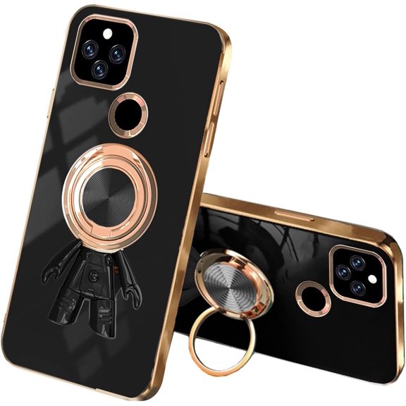 Compatible with Google Pixel 5a Case Silicone TPU Shockproof Google Pixel 5a Phone Case Plating Astronaut Cute Pattern TPU Cases with Ring (Google Pixel 5a, Black)