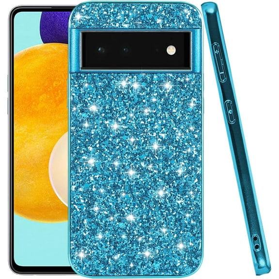 Compatible with Google Pixel 6 Case Glitter Shockproof,Google Pixel 6 Phone Case Bling Sparkly Soft TPU and PC Silicone Shiny Girl Women Thin Protective Cover (Blue)