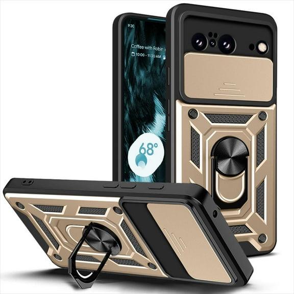 Compatible with Google Pixel 6 Case with Sliding Camera Lens Cover and Ring Kickstand Heavy Duty Military Grade Rugged Protection Shockproof Back Phone Cover for Google Pixel 6, Gold