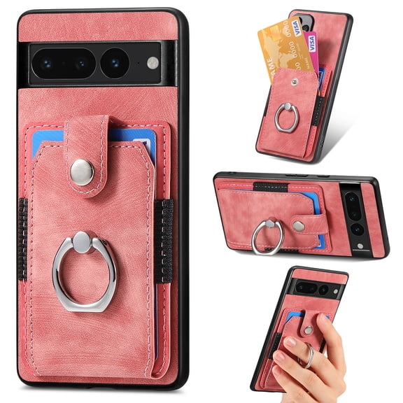 Compatible with Google Pixel 6, Classic Card Slots 360 Rotating Finger Ring Kickstand PU Leather + TPU Frame Magnetic Closure Back Case Cover for Google Pixel 6, Pink