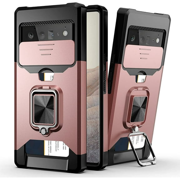 Compatible for Google Pixel 6 Pro 2021 Case with Camera Cover & Kickstand, Slide Lens Cover+Rotate Ring Stand+Card Holder, Impact-Resistant, Full Protect for Google Pixel 6 pro Rose Gold