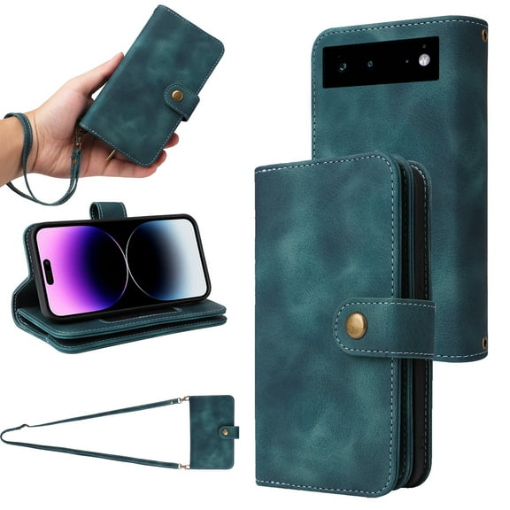 Compatible with Google Pixel 6 Pro Wallet Case, [6 Card Slots] Removable Adjustable Crossbody Necklace Lanyard Shoulder Strap Zipper PU Leather Case for Google Pixel 6 Pro,Blue
