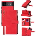 thumbnail image 1 of Compatible with Google Pixel 6 Pro Wallet Case,[6 Card Slots] [Wrist Strap] [Stand Feature] Detachable 2 in 1 Magnetic Zipper Leather Cover Case for Google Pixel 6 Pro,6.71 inch Red, 1 of 14
